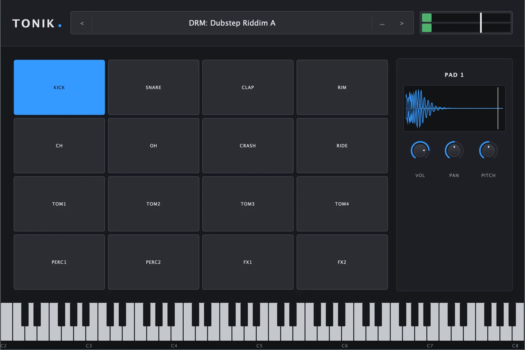 Tonik in drum mode: a four-by-four grid of labelled pads from KICK to FX2 with KICK selected in blue, and a Pad 1 panel on the right showing the selected pad's waveform with Vol, Pan and Pitch knobs