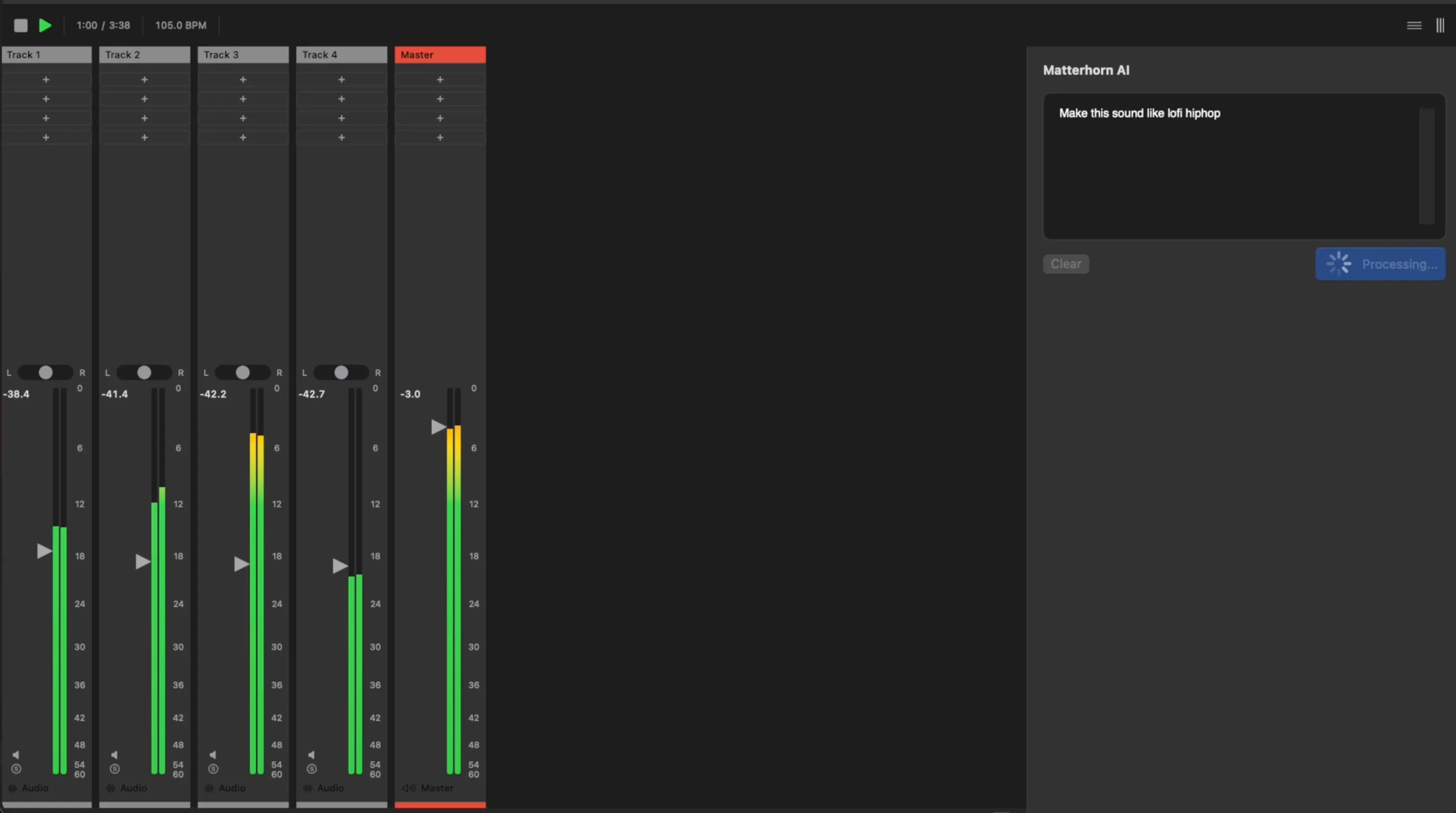 An early Matterhorn mixer with five channel strips and a large AI panel on the right containing the prompt Make this sound like lofi hiphop and a Processing button