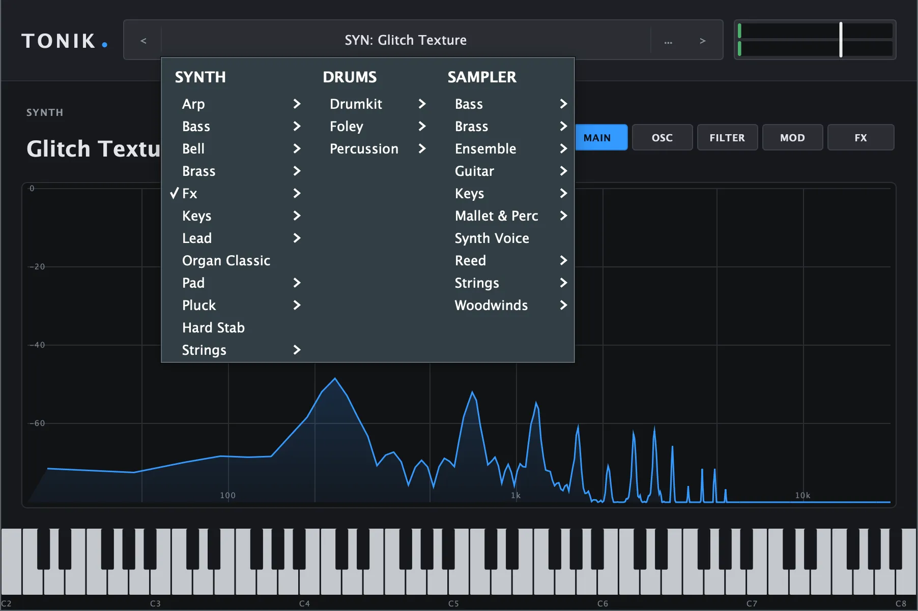 The preset browser open over the MAIN tab: three columns headed Synth, Drums and Sampler, each listing sound categories with submenu arrows, with Fx ticked under Synth
