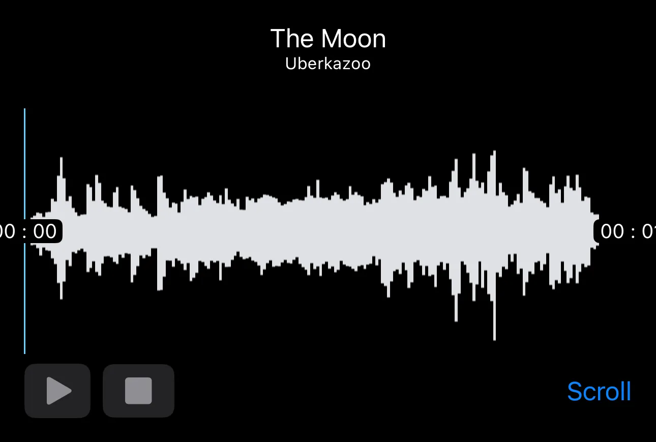 A Waavform player titled “The Moon” by Uberkazoo, stopped at 00:00 with a grey unplayed waveform, play and stop buttons, and a Scroll toggle