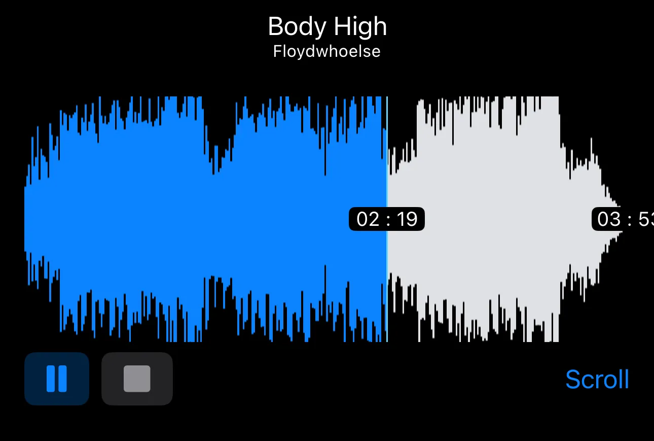 A Waavform player titled “Body High” by Floydwhoelse, paused at 02:19 with the played portion filled blue against a grey remainder, and a Scroll toggle