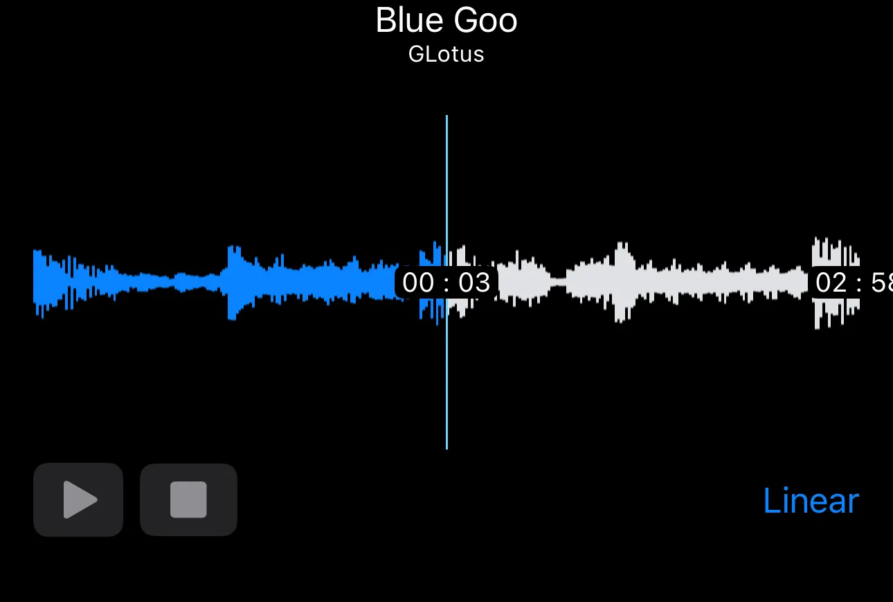 A Waavform player titled “Blue Goo” by GLotus in scroll view at 00:03, the playhead fixed mid-waveform, with a Linear toggle